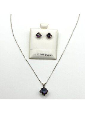 Sterling Silver Necklace & Earrings Set With Square Mystic Glass Pendant